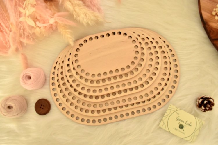 Wide oval wooden base for crochet baskets with 8mm hole size, macrame baskets, coiled baskets Suitable for Tshirt yarn or 5-7mm cord