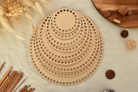 Circular wooden base: Various sizes with 8mm holes for making baskets Suitable for Tshirt yarn or 5mm cord