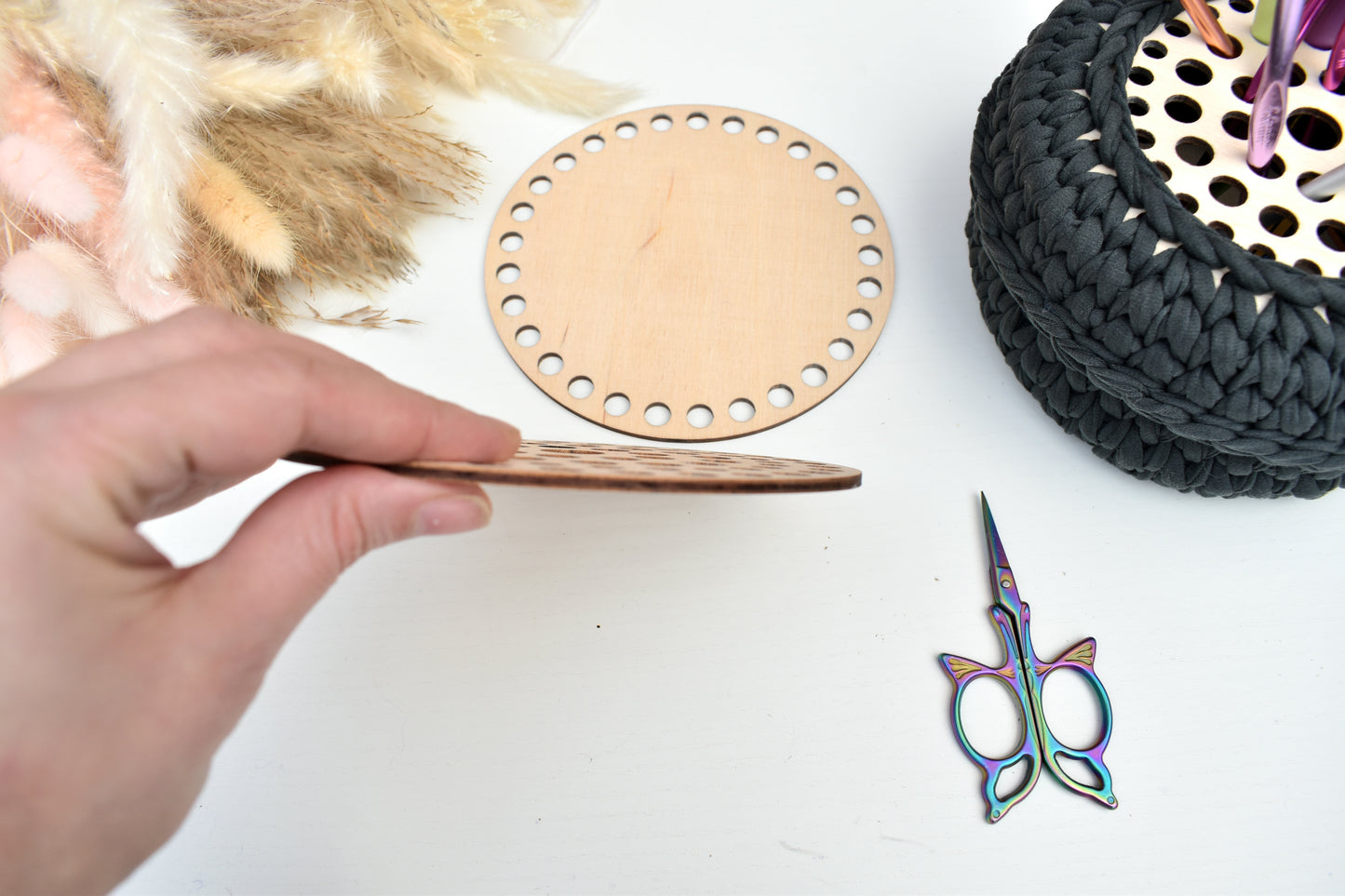 Set of circular wooden top&bottom for crochet basket/crochet hook holder/pencil holder