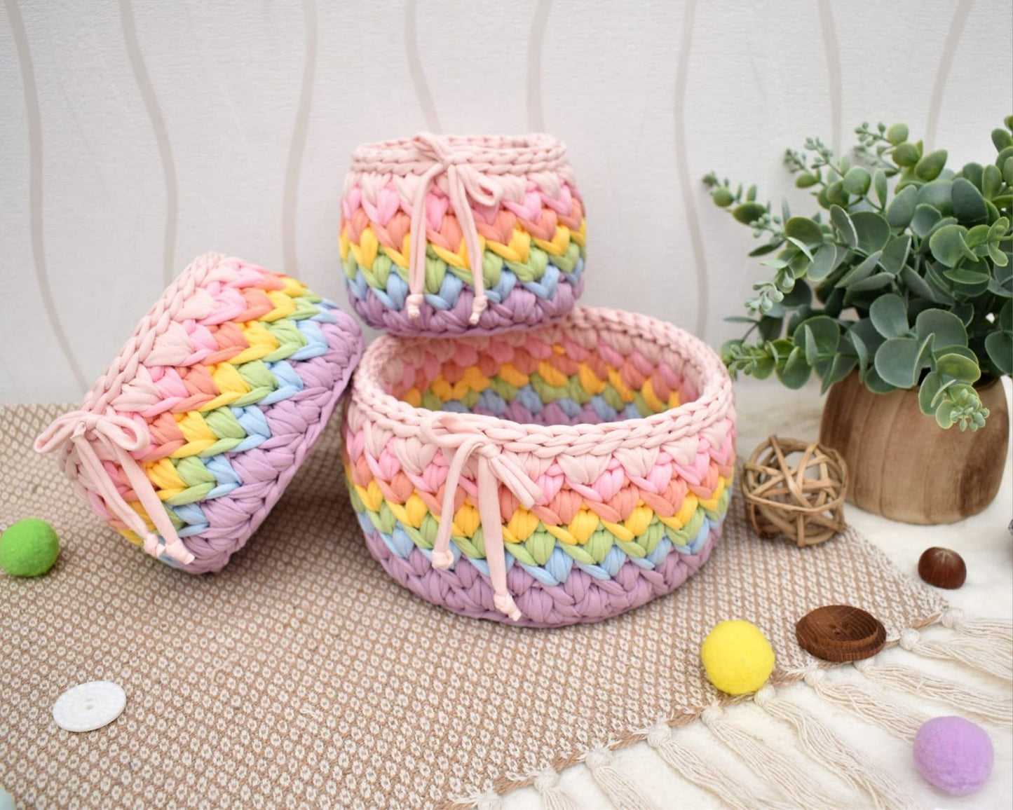 Handmade Crochet Basket: Rainbow Nursery Organizer, ECO Decor