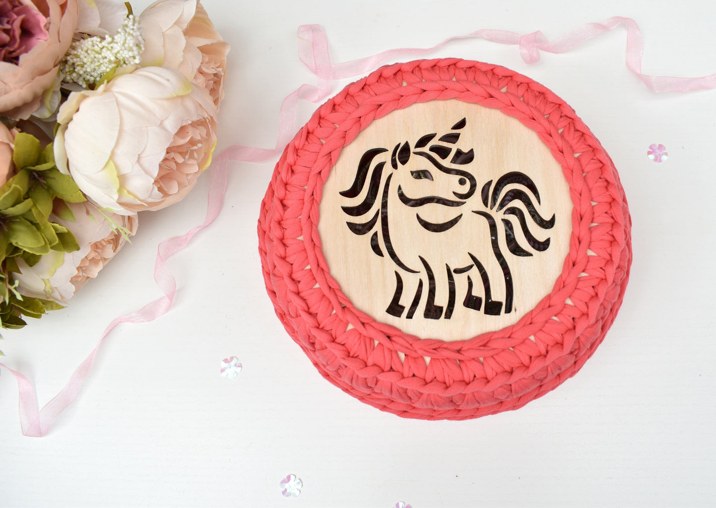 Unicorn design crochet basket