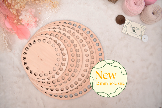 Circular wooden bases with 12mm holes for crochet, coiled or Macrame basket