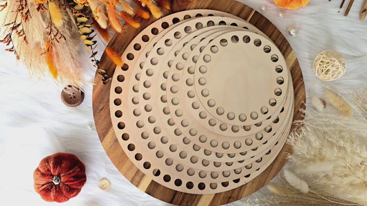 Circular wooden bases with 12mm holes for crochet, coiled or Macrame basket