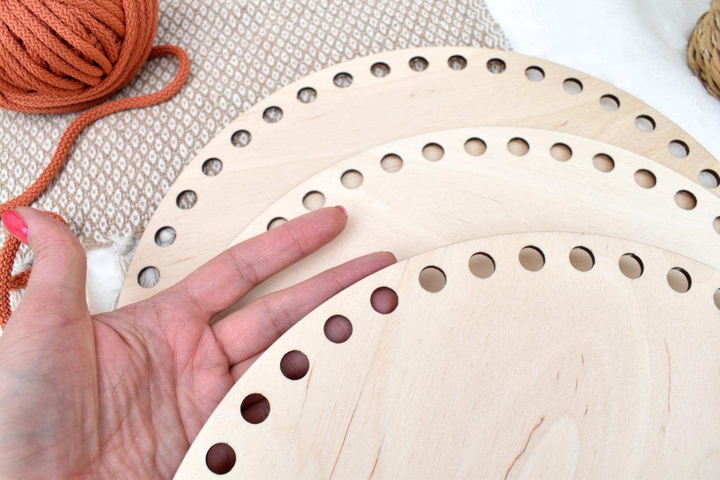 Circular wooden base for crochet basket 30cm with 10mm holes and 10mm spacing between the holes