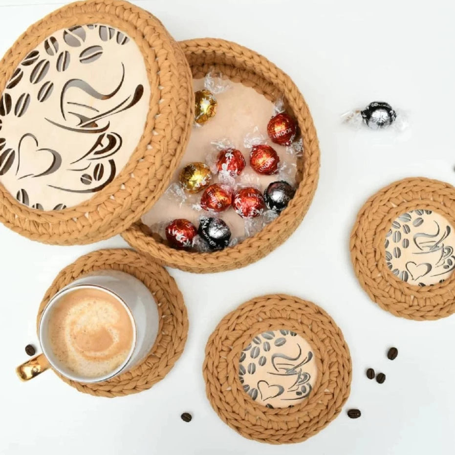 Crochet Basket & Coasters Set Love Coffee