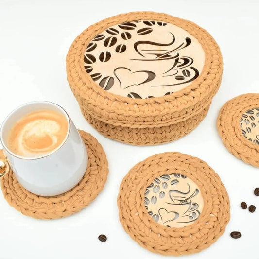 Crochet Basket & Coasters Set Love Coffee