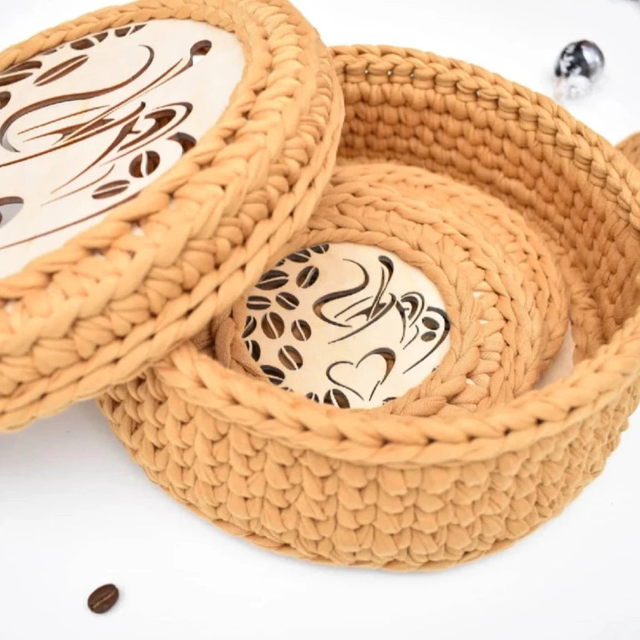 Crochet Basket & Coasters Set Love Coffee